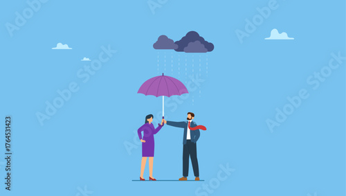 Kindness businessman offer umbrella to protect woman. Altruism selfless principle for leadership to protect team and success together, gentleman or team support and caring, respect or empathy.