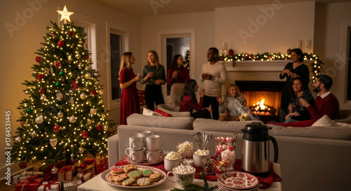 Group of diverse friends celebrating Christmas, gathering around a decorated tree and fireplace with food and drinks in a cozy living room.