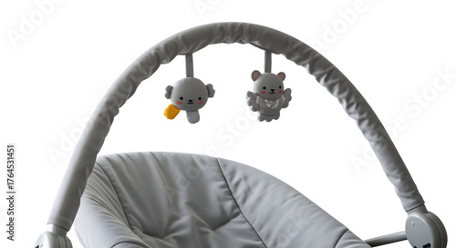 BABY TOYS - Gray baby bouncer with soft plush hanging toys and cushioned seat, infant gear for soothing and playtime
