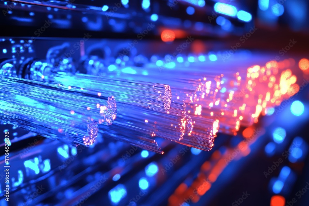 Obraz premium Fiber Optics Abstract with Glowing Blue and Red Lights Creating a Futuristic Network Vibe