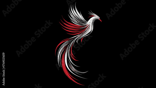 Stylized majestic phoenix bird illustration with flowing red and white feathers soaring on a black background, symbolizing rebirth and strength.