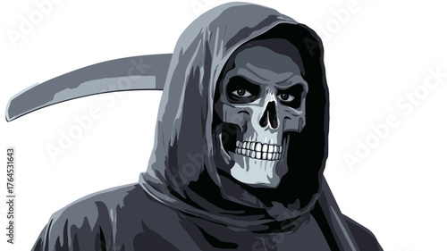 Grim reaper skull face in dark hooded robe with scythe, symbolizing death, mortality, finality, and fear. Spooky Halloween concept art.