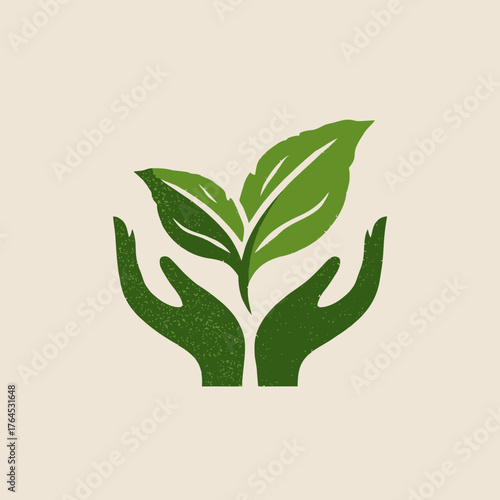 Hands gently cradling a young green plant with sprouting leaves, symbolizing growth, nature, environmental care, and sustainability concept illustration.