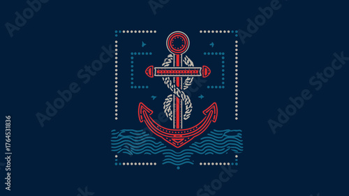Stylized red anchor with rope and wave patterns on a deep blue background, nautical emblem vector illustration.