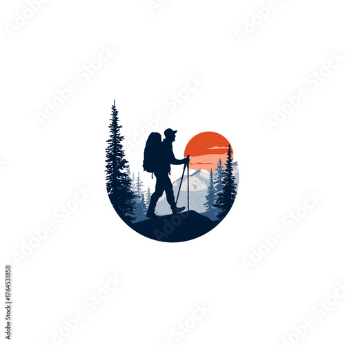 Scenic mountain hiking adventure illustration with a lone trekker silhouette, pine forest, and vibrant sunrise or sunset.