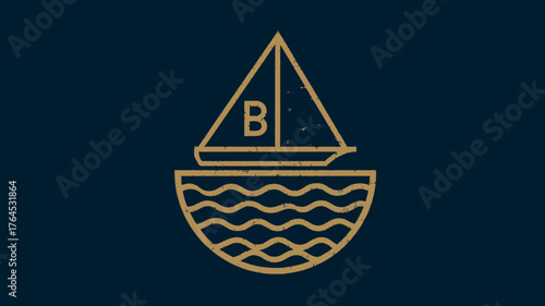 Elegant minimalist line art sailboat in wavy water icon on dark background, simple nautical vector illustration design