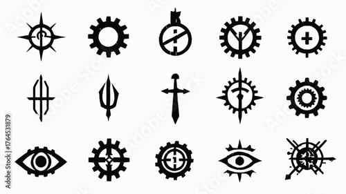 Mystical fantasy vector icon collection featuring gears, compass roses, swords, eyes, and abstract symbols for games and design