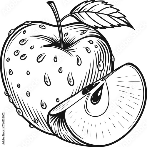 Dark still life of a whole and sliced apple with seed detail isolated on transparent background