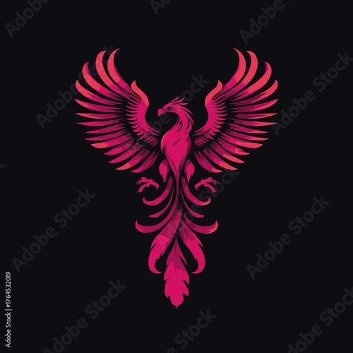Vibrant pink and red stylized phoenix bird illustration with outstretched wings, symbolizing rebirth, strength, and mythology. Elegant graphic design.