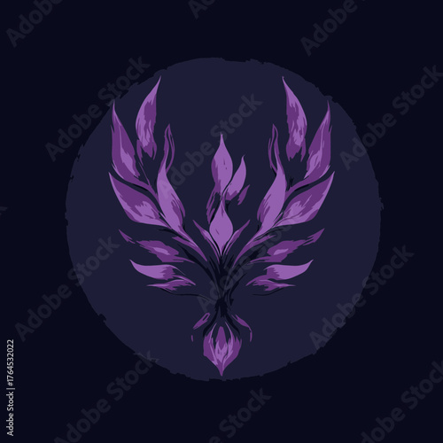 Stylized purple phoenix illustration, mythical firebird emblem design, abstract violet fantasy creature icon, majestic art