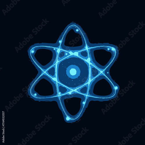 Futuristic glowing blue atom with orbiting electrons on a dark background, representing science, technology, physics, and innovation