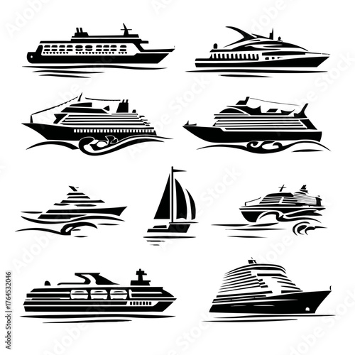 Collection of Marine Vessels Silhouettes. Diverse Set of Boats, Ships, Cruise Liners, Luxury Yachts, Ferries, and Sailboats. Water Transport Icons.
