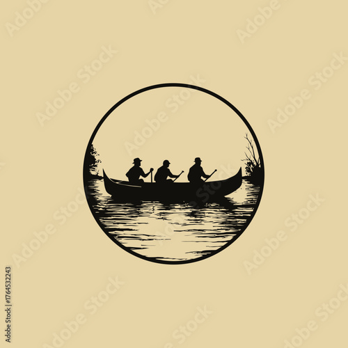 Vintage Silhouette Illustration of Three People Canoeing on a Serene Lake, Outdoor Adventure and Nature Exploration Concept