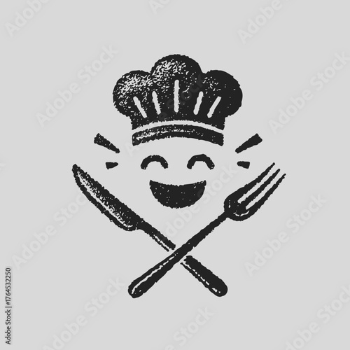 Smiling chef character wearing a toque, with crossed knife and fork. Happy face icon with textured black and white design for food and restaurant concepts.