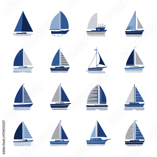 Diverse collection of stylized blue and gray sailboat and yacht icons, nautical sailing vessel illustrations on white background.