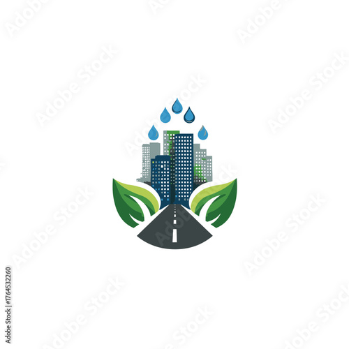 Eco-friendly sustainable city concept logo with urban buildings, green leaves, road, and water drops, representing green urban development.