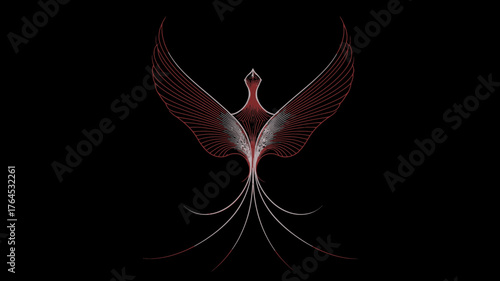 Elegant abstract line art phoenix bird with spread wings, rising on a black background. Modern mythological illustration symbolizing rebirth, strength.