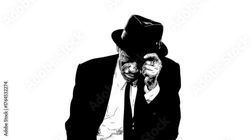 Elegant man in a fedora hat and suit, tipping his hat with a polite gesture in a classic black and white style illustration.