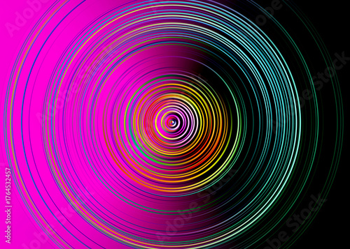 Abstract Radial Motion Blur on a pink and green background. Blue, yellow, and green circles. Circle template for label, fabric, apparel, or brochure design.  