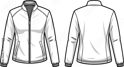 Technical fashion flat sketch jacket front back view, high collar zipper closure, ribbed cuff design, garment template illustration, apparel vector drawing, clothing design reference