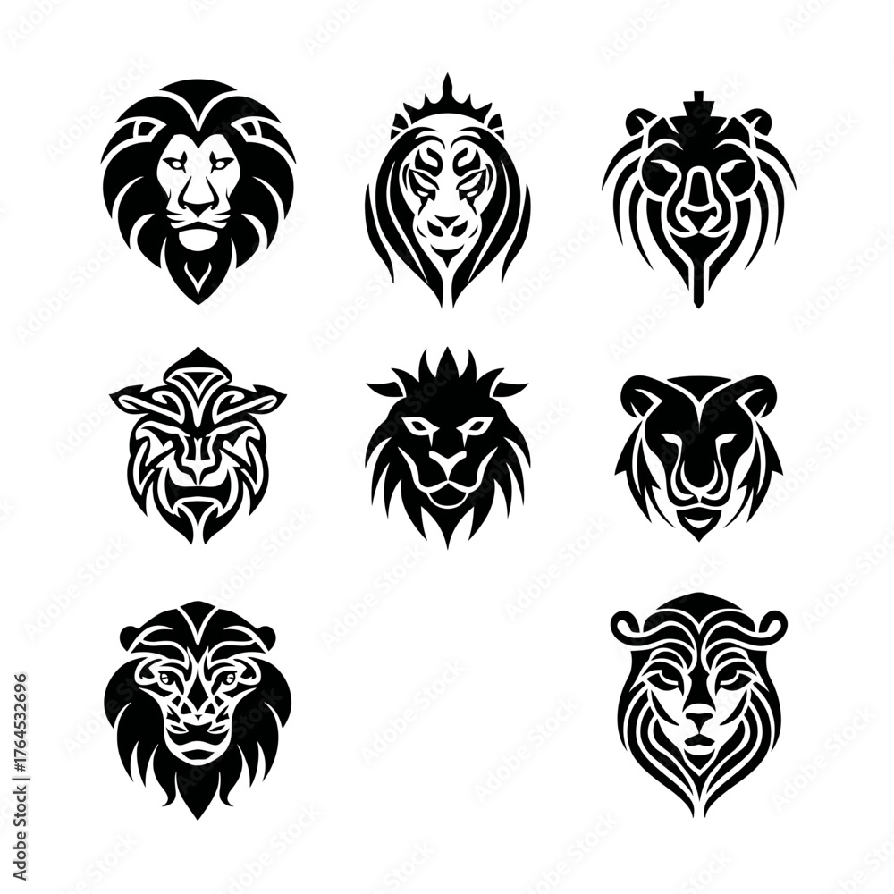 Fototapeta premium Stylized Black Lion Head Emblems and Icons Vector Illustration Set, Dynamic Roaring Feline Silhouettes for Design Elements