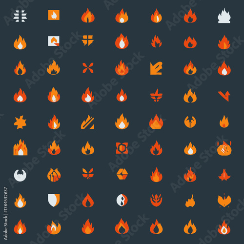 Collection of diverse fire and flame icons, graphic design elements with abstract and stylized shapes, vector illustration set