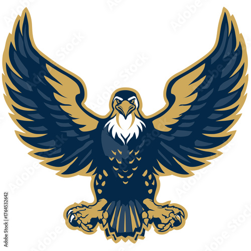Powerful majestic raptor illustration with outstretched wings in navy blue and gold. Dynamic bird of prey emblem design.