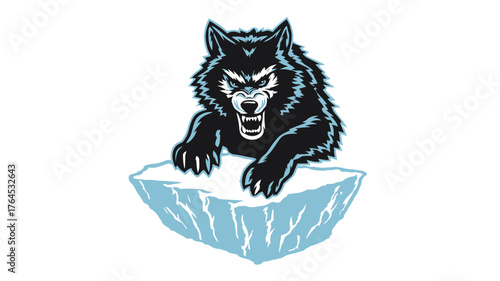 Fierce black wolf illustration with blue accents standing on a stylized ice block, digital arctic predator design concept.