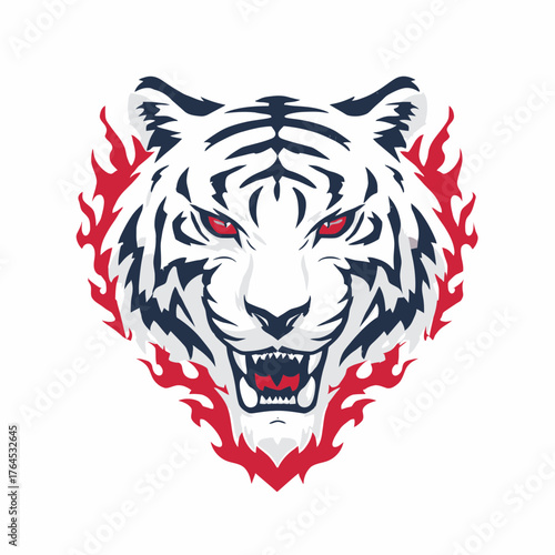 Fierce White Tiger Head with Red Flames and Blue Stripes Vector Graphic. Aggressive Wild Animal Mascot Design.