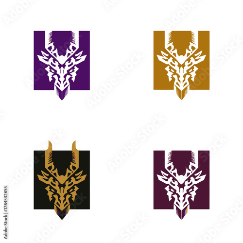 Set of stylized mythical horned animal head emblems in banner shapes, featuring various color combinations for fantasy game or tribal themes