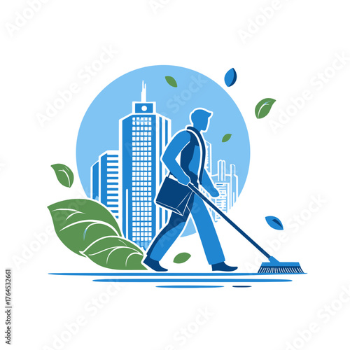 Street cleaner sweeping urban area, eco-friendly city maintenance, green leaves, clean environment concept vector illustration.