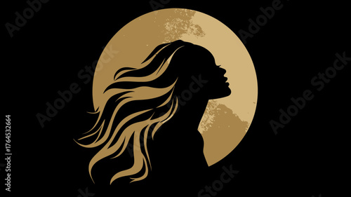 Elegant female silhouette with long flowing hair against a golden textured moon. Mysterious woman profile on dark background, beauty and serenity.