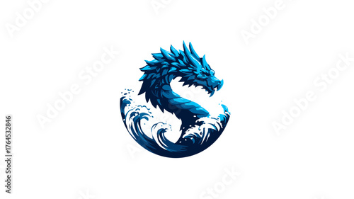 Majestic stylized blue dragon logo design, powerful mythical creature emerging from dynamic ocean waves, fantasy emblem graphic art.
