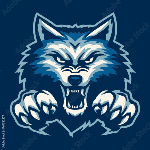 Aggressive wolf mascot logo illustration. Fierce wild animal predator with bared teeth and extended claws, dynamic vector art in blue tones.
