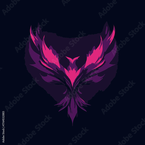 Dynamic Phoenix Bird Logo Illustration: Vibrant Purple & Pink Mythical Creature Emblem with Spread Wings on Dark Background