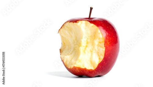 Red, partially eaten apple with a bite mark, resting on a white surface with a soft shadow
