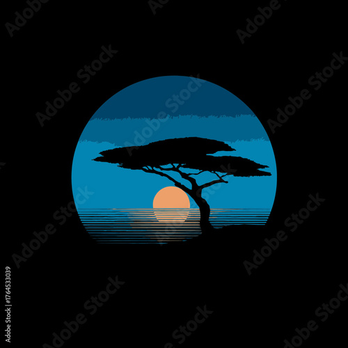Stylized circular African savanna sunset with tree silhouette by the water. Minimalist nature landscape illustration.