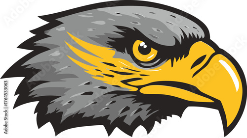 Fierce and majestic eagle head vector illustration with grey feathers, yellow beak, and determined gaze, a powerful predatory bird mascot.