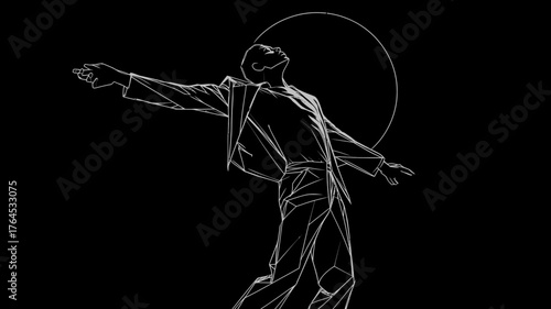 Minimalist geometric line art illustration of a man with outstretched arms looking up, depicting freedom, success, and inspiration.