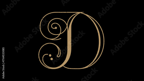 Elegant golden ornate letter D monogram on black background. Luxurious calligraphic vintage alphabet initial for decorative design.