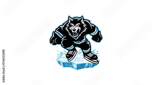 Aggressive cartoon wolf hockey player mascot illustration on ice, sporty animal character design, ice hockey theme