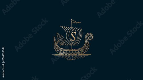 Elegant golden Viking longship emblem on a deep blue background, ornate classic illustration of an ancient Norse sailing vessel, historical symbol.