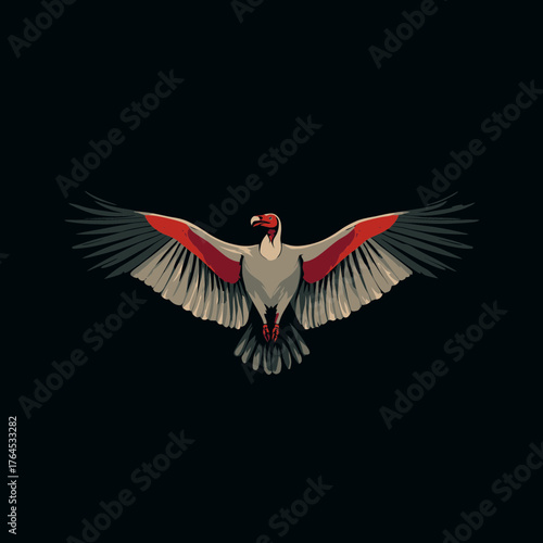 Majestic stylized bird of prey with vibrant red head and outstretched wings soaring on a dark background, vector illustration.