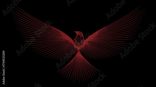 Stylized red line art bird with outstretched wings on black background, abstract graphic design element, modern digital illustration