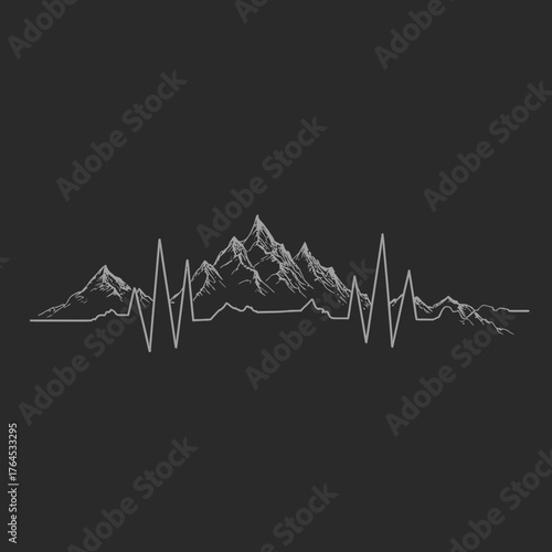 Mountain Range Heartbeat Line Graphic Design. Outdoor peaks and valleys with cardiogram pulse symbol, representing adventure, life, nature's vitality.