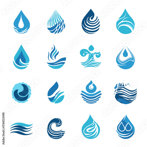 Set of diverse blue water drop and wave vector icons. Abstract liquid symbols for nature, purity, ecology, and hydration designs.