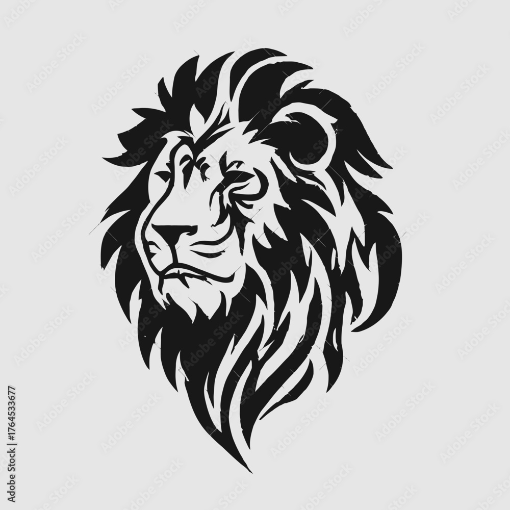 Fototapeta premium Striking black and white lion head illustration, stylized design representing strength, power, leadership, and royalty.