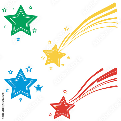Colorful hand-drawn stars and shooting stars vector illustration set. Textured doodle style graphic elements for design, achievement, and celebration.