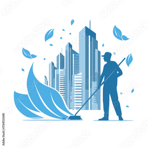 Eco-Friendly Urban Cleaning: Street Sweeper with Green Leaves and Modern City Skyline, Environmental City Maintenance Concept