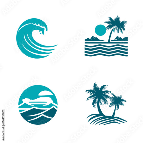 Set of tropical ocean and beach vector icons, featuring stylized waves, palm trees, sun, and sea landscapes, ideal for summer travel and vacation themes.